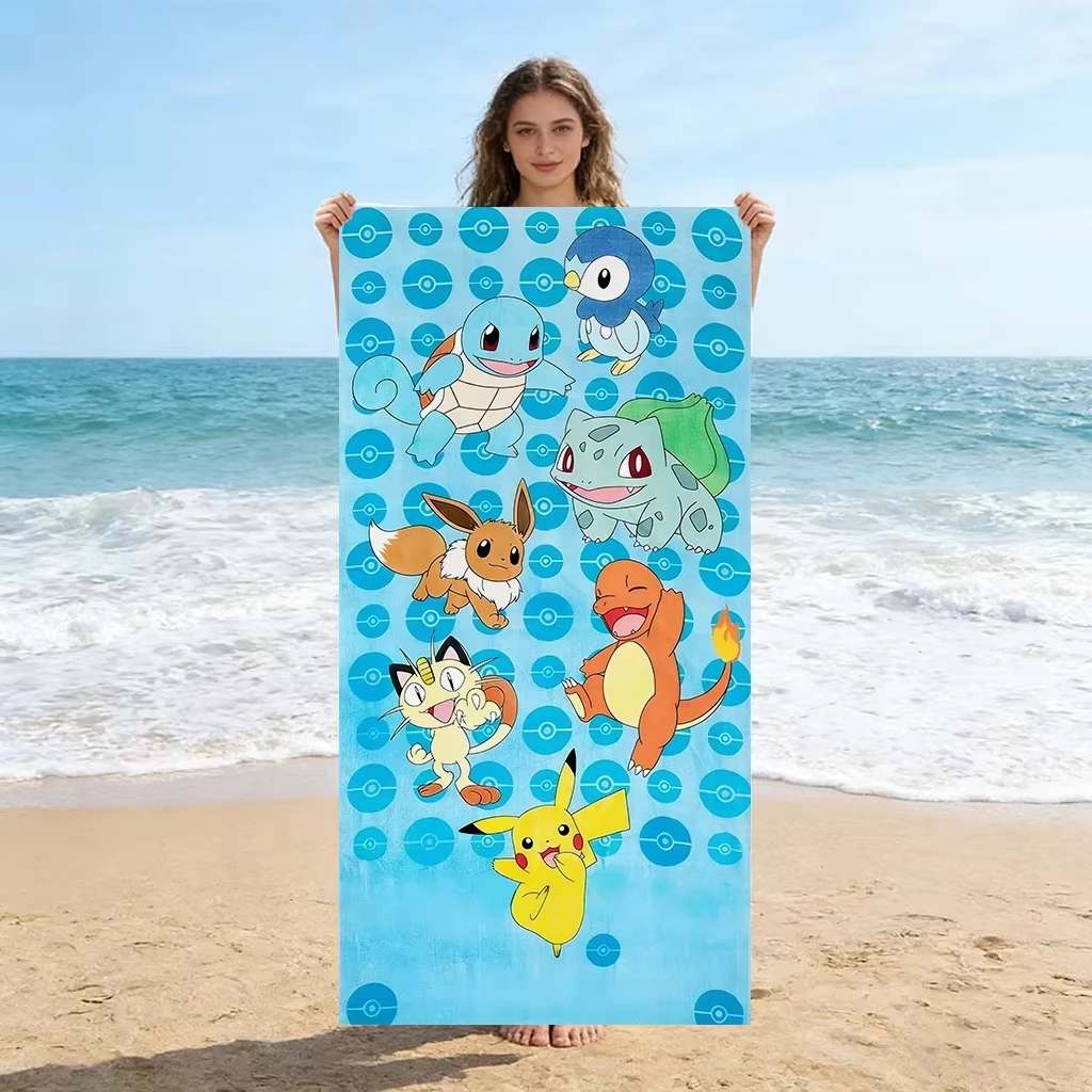 Pokémon Pikachu Squirtle Bulbasaur Strandtuch, flacher Druck, für den Außenbereich, Pool, Party, Reisen, Badetücher für Kinder, Jungen, Fans, Geschenk Image
