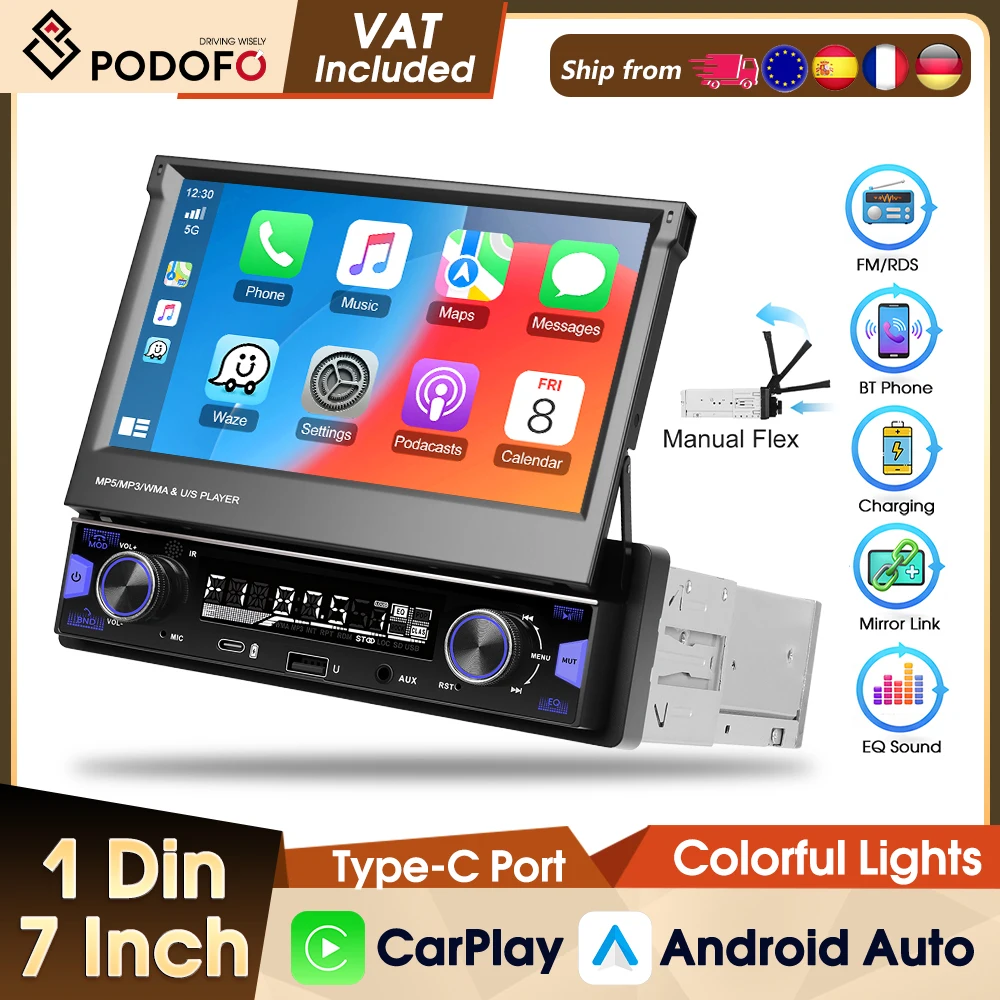 Podofo Autoradio 7 Pollici 1DIN, Lettore MP5 per Auto con CarPlay, Android Auto, AM FM RDS, Bluetooth, Lettore Multimediale Video, EQ, MirrorLink