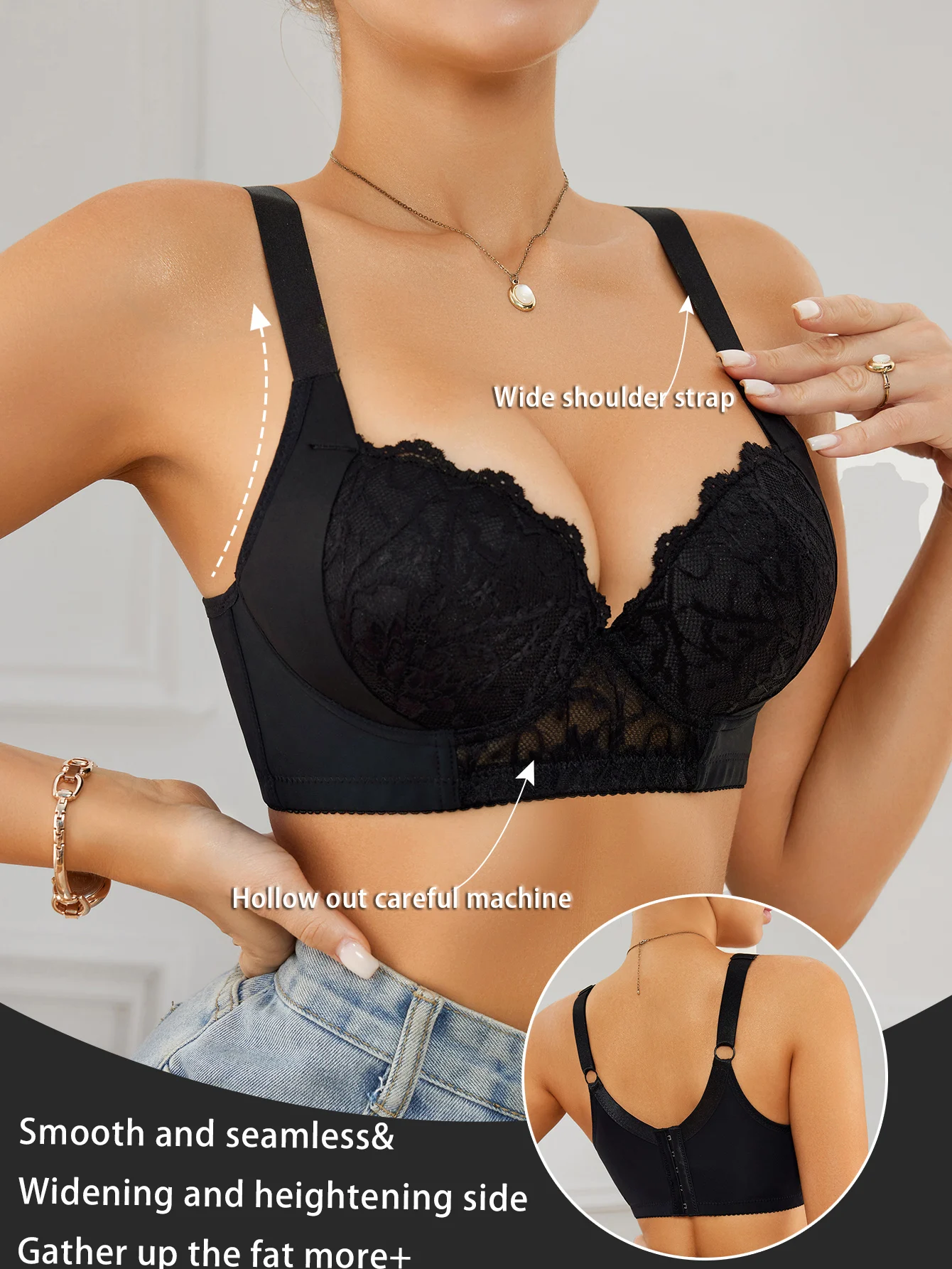 Blumenspitzen-BH für Damen, seitlich formgebend, mit Bügel, Minimizer, bequeme breite Träger, Intim-BH Image