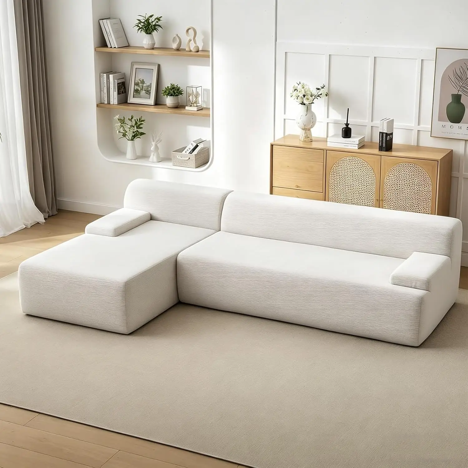108-Zoll Modulares Knochenloses Sofa für Wohnzimmer: L-förmiges Sofa mit Tiefsitz & Übergroßer Chaiselongue, Ultra-Weiches Cord-Schlafsofa für Apartments, Keine Montage Erforderlich, Komfortable