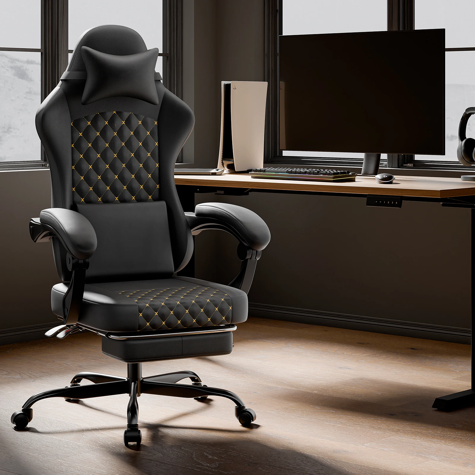 Schwarzer Gaming-Stuhl aus PVC-Leder, mit Massage- und Fußstütze, Ergonomischer PC-Gamer Bürostuhl, 150kg Tragkraft, Drehbar und Verstellbar