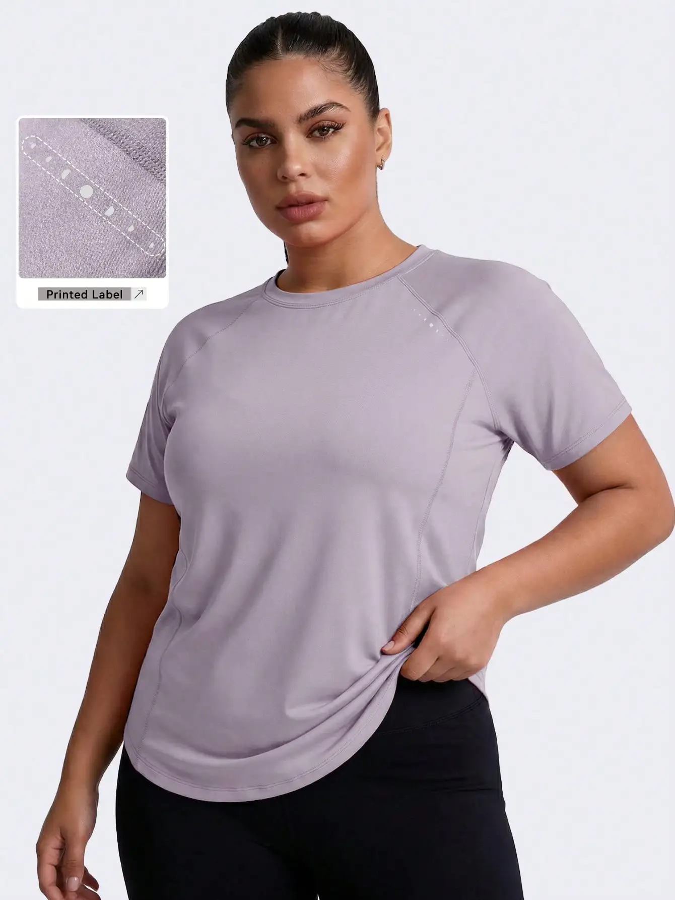 Plus-Size-Frauen-Gym-Trainingshemd, 4-fach dehnbare Yoga-Hemline, kurze Ärmel, Raglan-Armel, atmungsaktive Fitness-Tee, gebogene Kragen, Sportbekleidung Image