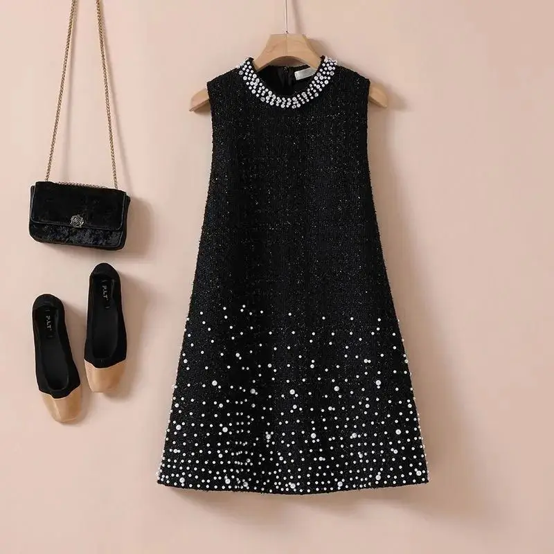 Luxus Perlen Tweed Ärmelloses Kleid Lose-Fit Mode Schwarz Kleider Frühling Herbst frauen Kleidung Mini Kleid Vestidos Robe Image