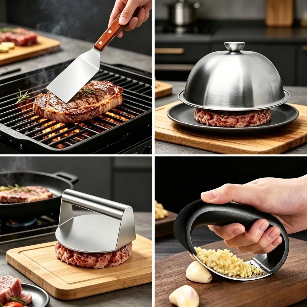 4Pcs Kitchen Accessories, Burger Press, Cake Spatula, Lid & Garlic Press, Non-stick Kitchen Tools, Practical Home Kitchen Items