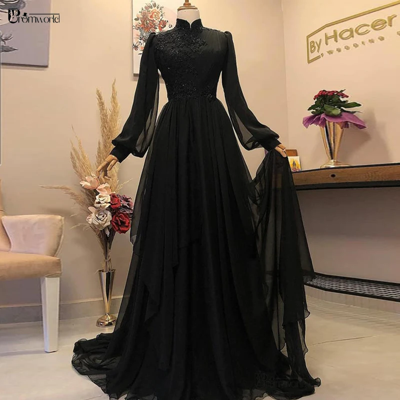 Black Long Sleeve Musilm Evening Dresses A-Line High Neck Chiffon Dubai Arabic Formal Gown Prom vestidos elegantes para mujer