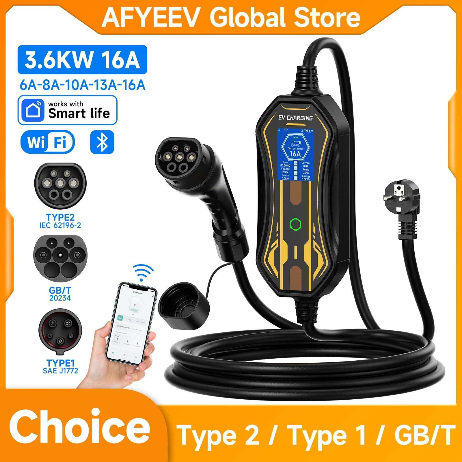 AFYEEV 3600W Tragbares Typ2 IEC62196-2 EV-Ladegerät Typ1 SAE J1772 Elektroauto-Ladegerät GBT EVSE Ladekabel Wallbox EU-Stecker Image