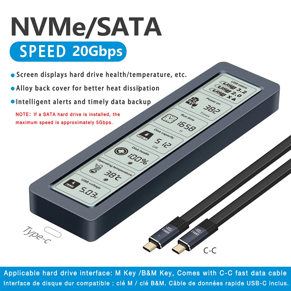 M2 SSD-Gehäuse NVMe SATA Dual Protocol 20 Gbit/s mit Bildschirm Intelligentes digitales USB3.2 Gen2 Typ C Disk Box M.2 SSD-Gehäuse Image