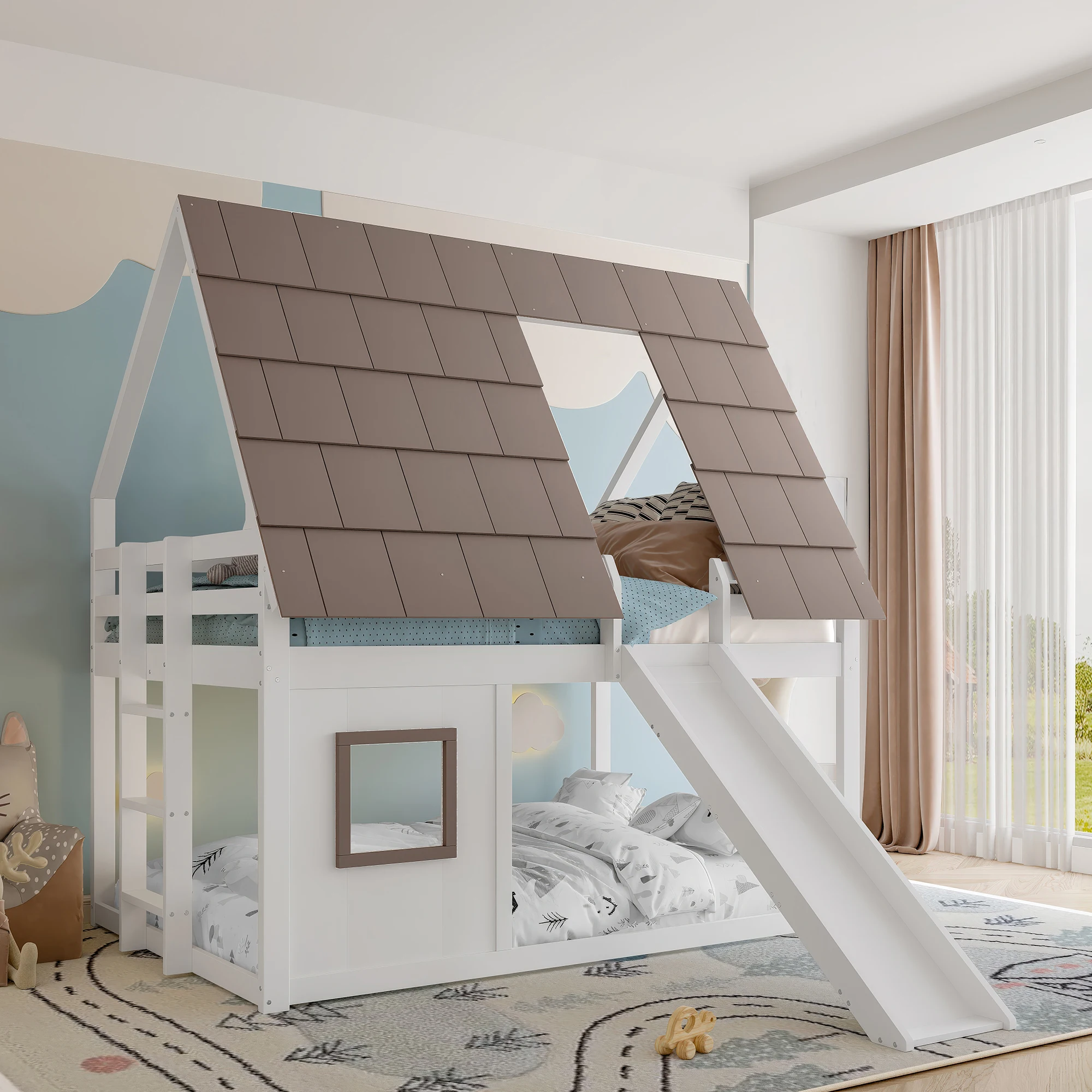 140 x 200 großes Haus-Etagenbett aus Holz mit Dach, Leiter und Rutsche, weiß+braun
