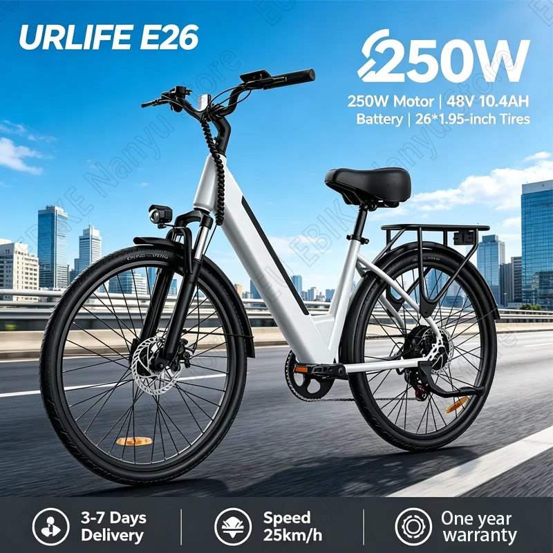 URLIFE E26 Elektrofahrrad 250W Motor 48V10,4AH Abnehmbare Lithiumbatterie Erwachsene Reiten Elektrofahrrad 26-Zoll-Reifen City E-Bike Image