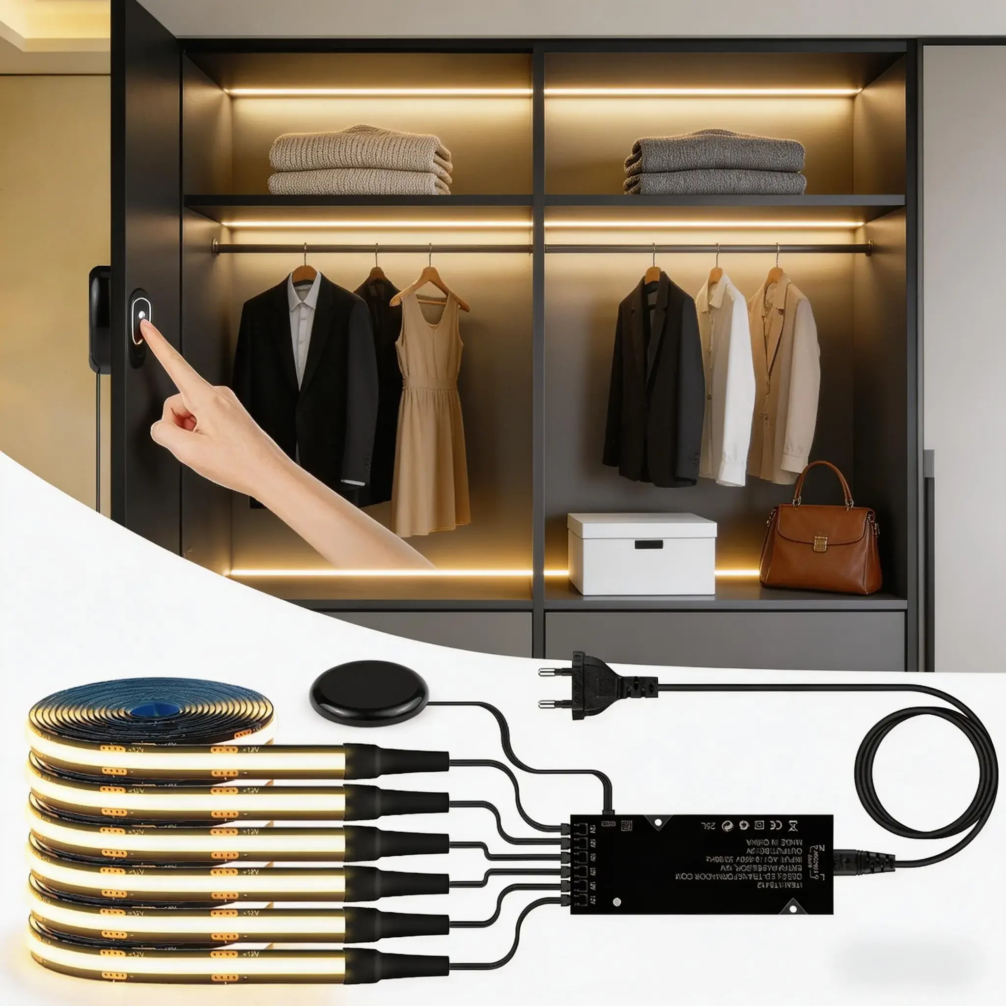 1-10 Kanal COB LED-Streifen-Set - Schwarze Leiterplatte, Bohrfreies Dimmbares Durchdringendes Board mit Berührungssensor-Schalter für Schrank-Hintergrundbeleuchtung Image