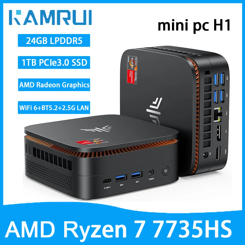 KAMRUI Mini-PC AMD Ryzen7 7735hs 24GB LPDDR5 1TB M.2 NVMe PCIe3.0 SSD Max 4,75 GHz WIFI6 BT5.2 Win11pro Desktop-Gaming-Computer Image