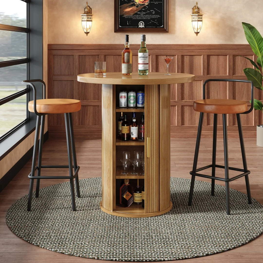 Bartisch-Set mit 2 Barhockern, Runder Esstisch mit Stauraum & 2 Ergonomische Barhocker, MDF-Holzverkleidung, für Bar und Wohnzimmer