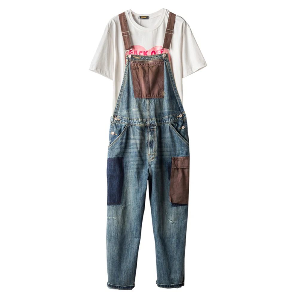 Männer Vintage Kontrast Farbe Denim Bib Overalls Casual Patchwork Patch Design Jeans Große Tasche Overalls Hosen