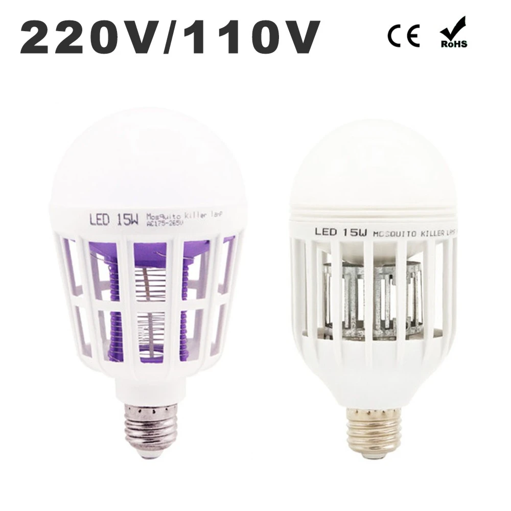 E27 Moskito-Mörder-Lampe, 110 V, 220 V, 15 W, LED-Glühbirnen, 2-in-1 abweisende Fliegenvernichtung, Beleuchtung, Bug Zapper, Energiesparlampen Image