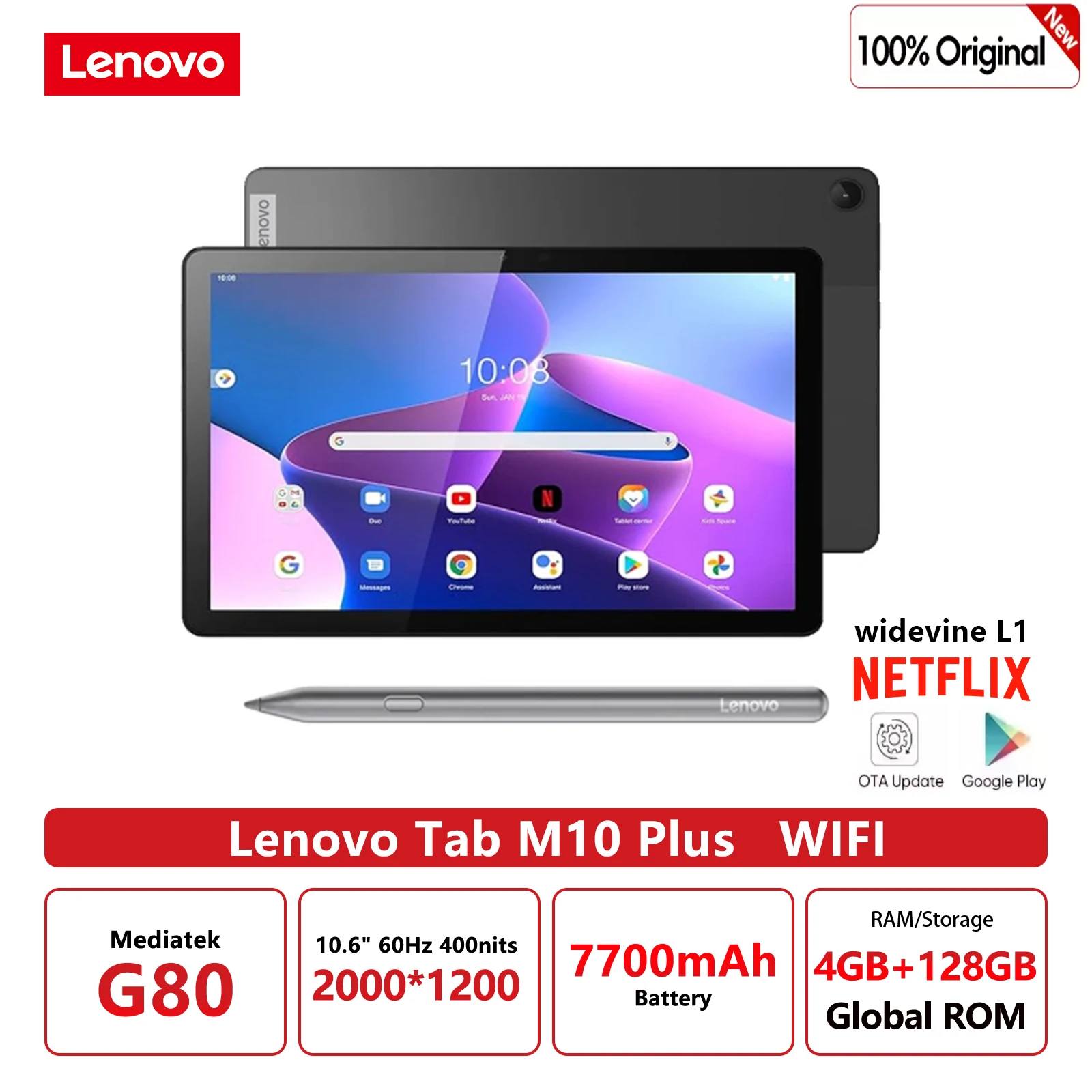 Global Rom Lenovo M10 Plus (3. Generation) 10,6 Zoll 2K 60Hz Display Mediatek G80 4GB 128GB Wifi 7700mAh Qitian K10 Pro Android Tablet Image