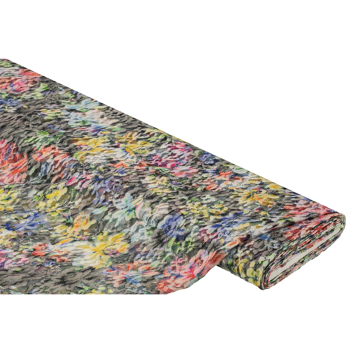 Spitzenstoff Blumen, grau/bunt
