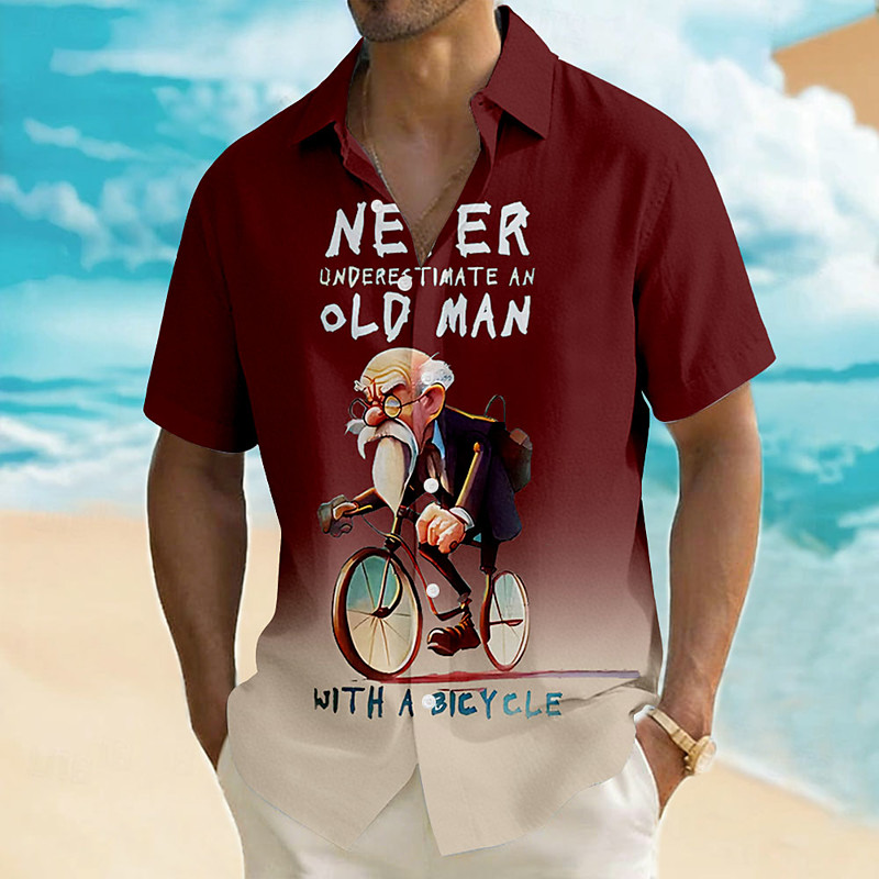 Men's Bicycle Old Man Funny Slang Shirt Summer Shirt Button Up Shirt Short Sleeve Vintage Retro Outdoor Beach Vacation Wear Summer Spring Turndown 3D Print Linen Like Shirt Blue Black Red Green