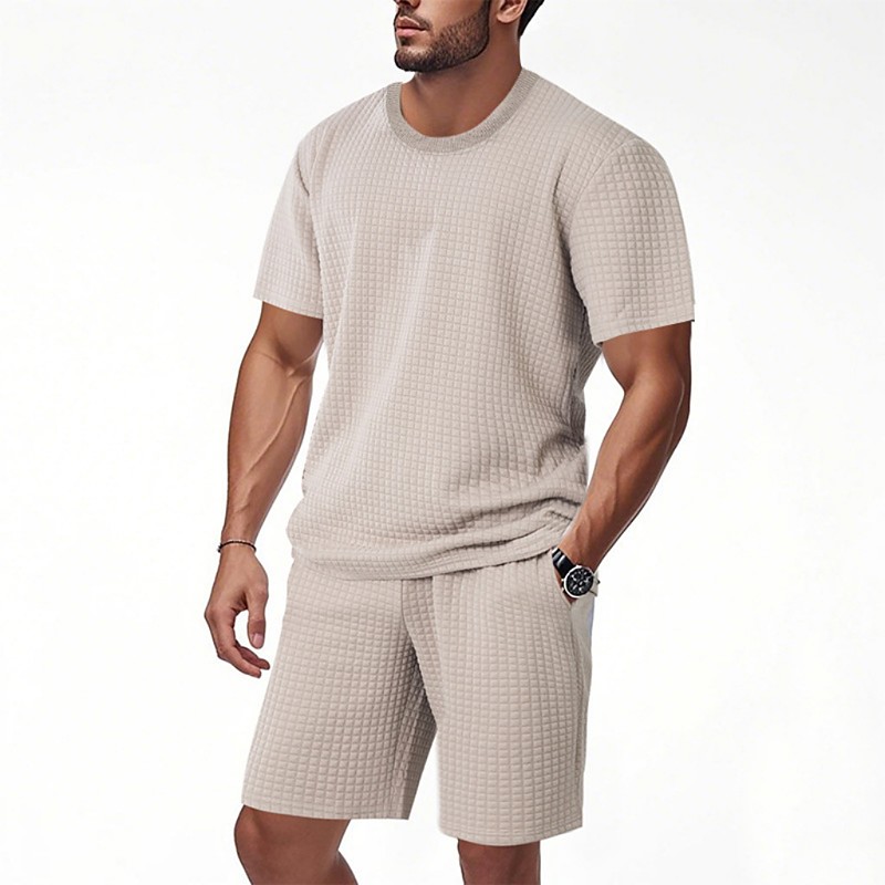 Men's Waffle Shirt T-shirt Suits Tracksuit Tennis Shirt Short Sleeves Crew Neck Summer Solid Color Gymnatics Casual 2 Piece Casual Vacation Daily Wear Black White khaki Top Tee for Men