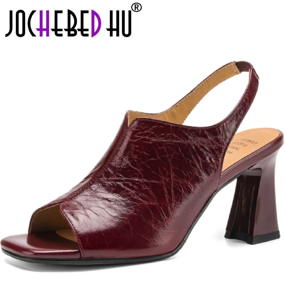 【JOCHEBED HU】Handgefertigte Fischmaul-Sandalen aus echtem Leder mit hohem Absatz für Damen, Vintage-Stil, weicher, quadratischer Kopf, atmungsaktives Schuhwerk, Größe 34–40