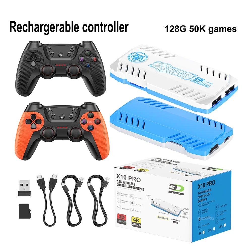 Manette de jeu X10 Pro, contrôleur sans fil rechargeable, console de jeux vidéo HD pour la maison, jeux 3D, 50 émulateurs, 50 000 jeux rétro