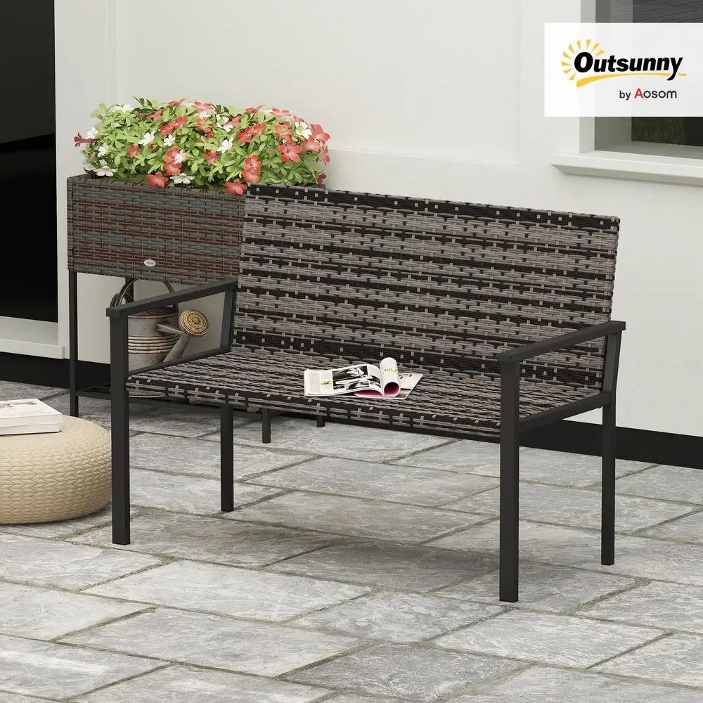 2 Seater Rattan Garden Bench, Outdoor Bench with QuickDrying Cotton Padding, Wicker Garden Loveseat with Armrests, Steel Frame