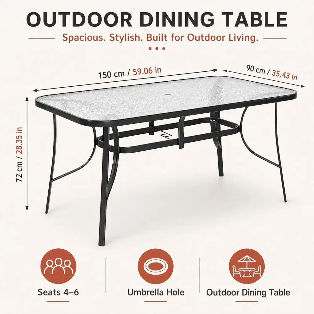 150cm Garden Dining Table with Tempered Glass Top amp Parasol Hole, Outdoor Patio Table, Metal Frame Rectangle Table for Garden
