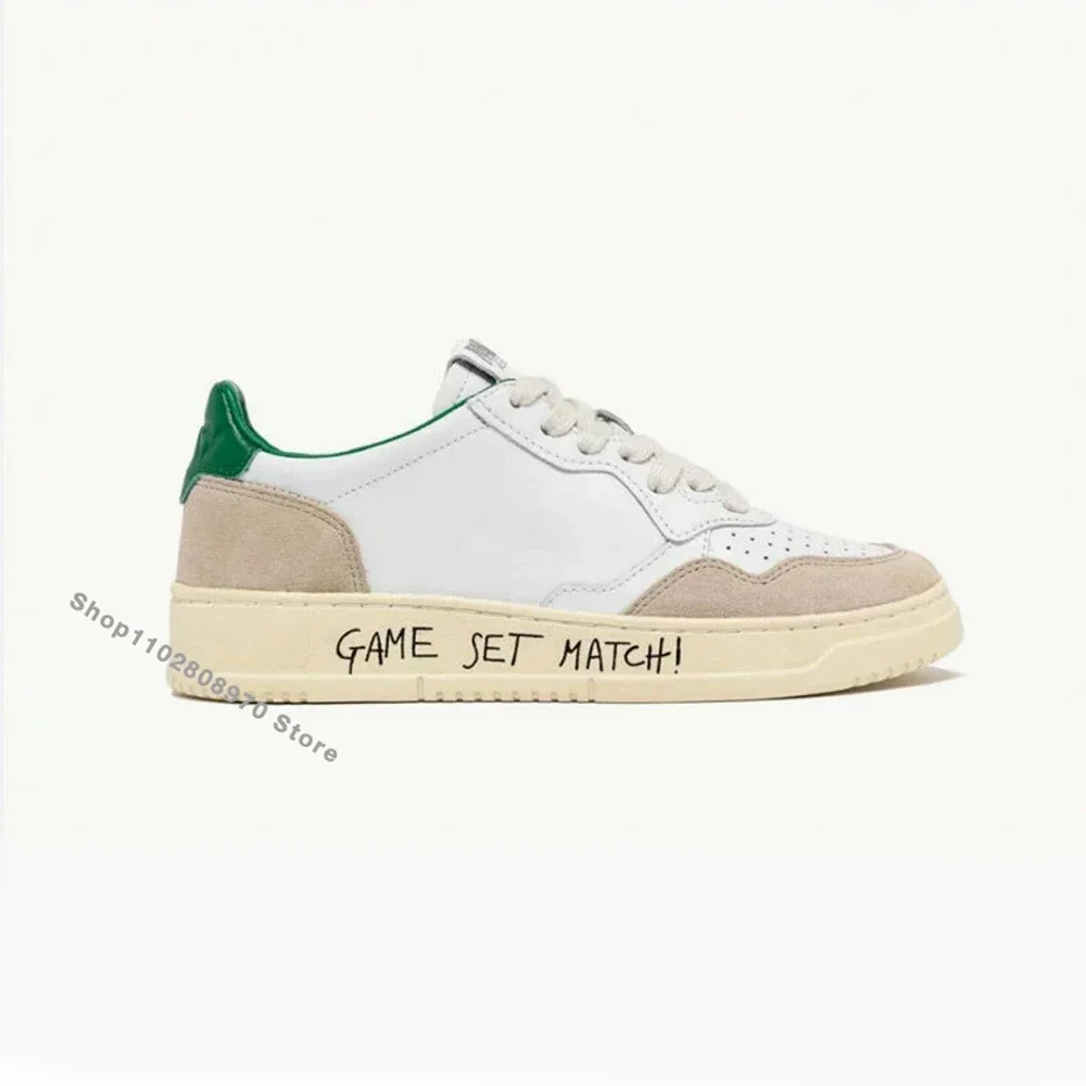 Modische bedruckte Sneakers für Damen und Herren, grüner Absatz, Patchwork-Leder, Vintage-Plattform, Tennis, lässige Modeschuhe, Größe 35–45