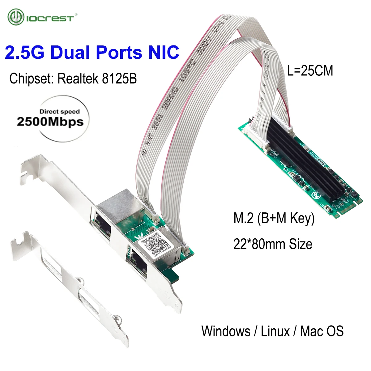 Iocrest m.2 zu Dual Port 2,5g Ethernet Nic Netzwerk karte m.2 22*80mm Größe b Schlüssel und m Schlüssel MBit/s RTL8125b Chipsatz