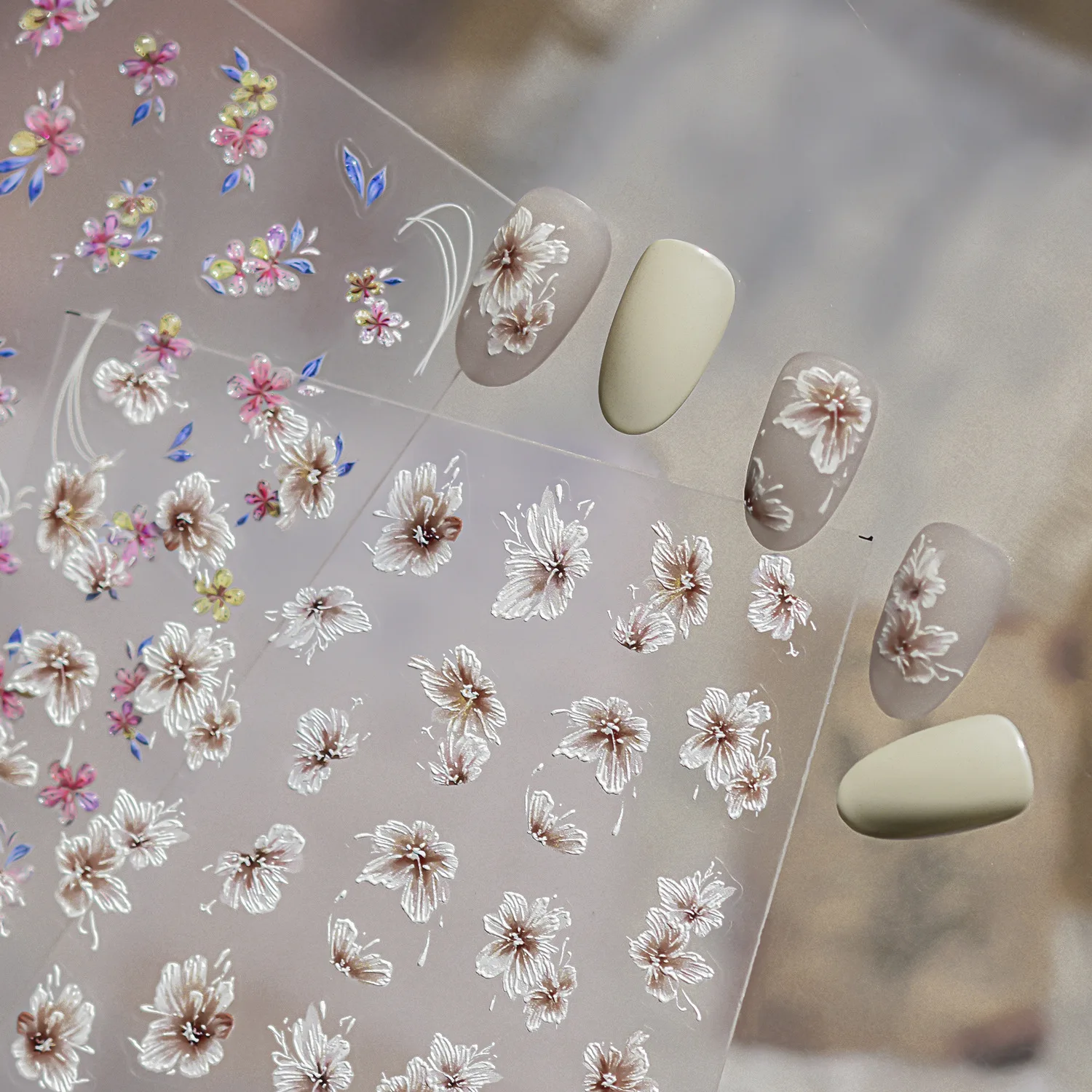 5D Gradient Sakura Nagelkunst-Aufkleber Hellrosa Weiße Kirschblütenblätter Frühlingsblumen 5D Selbstklebende Maniküre-Abziehbilder DIY Image