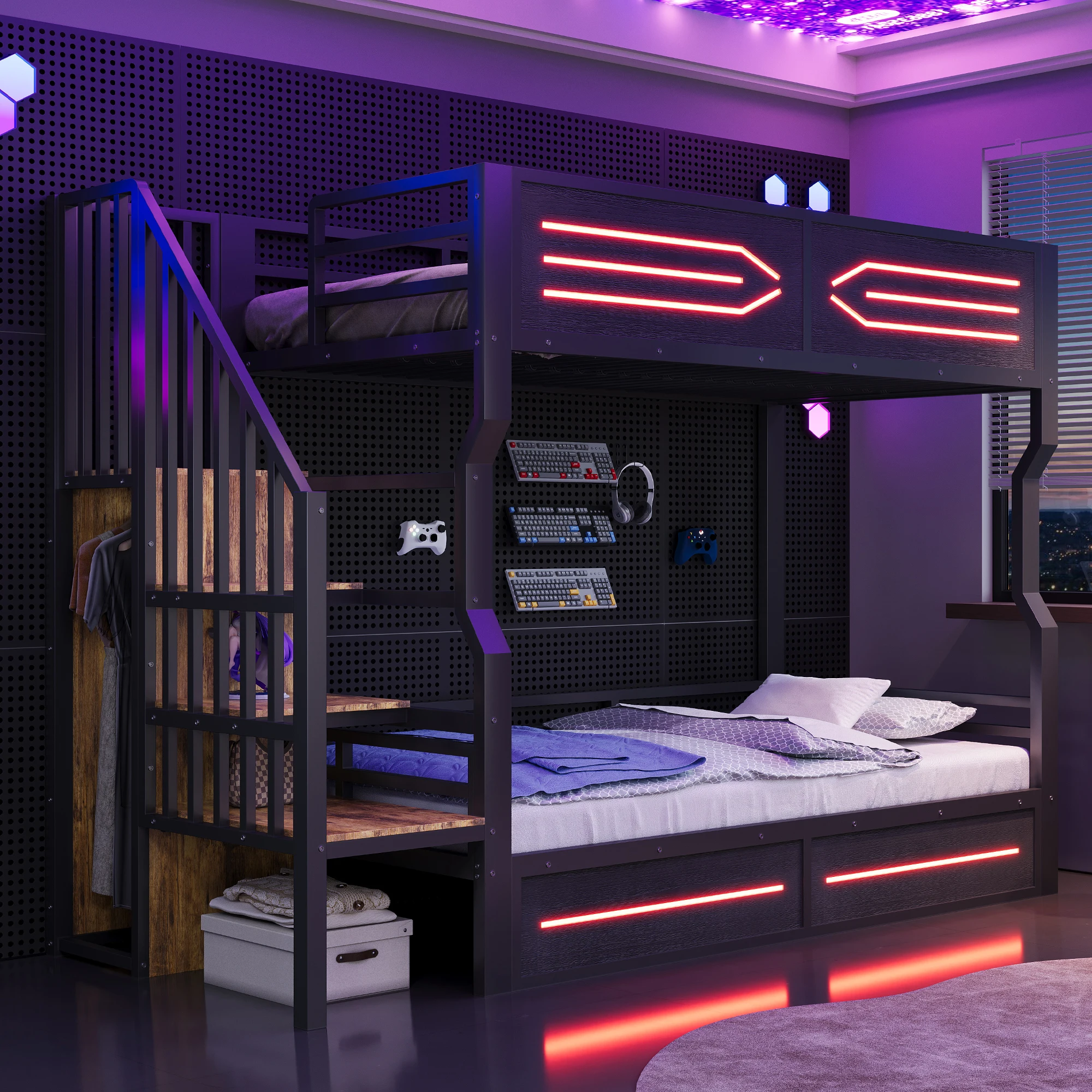 Eisen-Hochbett 90x200cm mit Stauraum & Treppenstufen im Schrankstil, LED-Beleuchtung, hohes Geländer – Schwarz für Kinder & Jugendliche Image