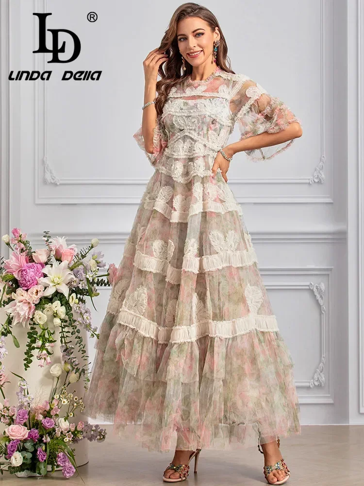 LD LINDA DELLA Sommer-Runway-Modekleider Damen Bohemian Blumendruck Netzgarn Temperamentvolle Sexy Rüschenkleider Größen S-4XL