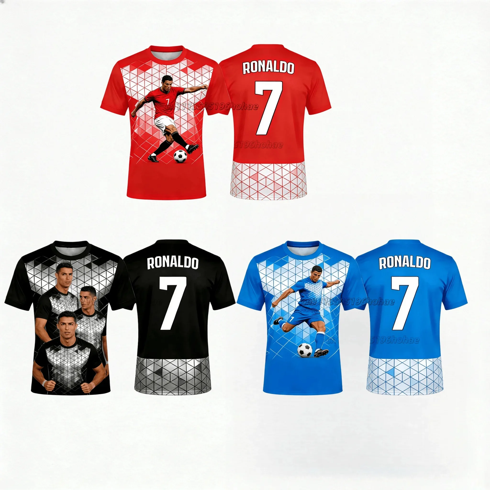 Sommer Neuer Stil Ronaldo 7 Geometrischer Cartoon-Print T-Shirt Schnelltrocknend Kurzarm Familienkleidung für Erwachsene Kinder Fitnesstraining Image