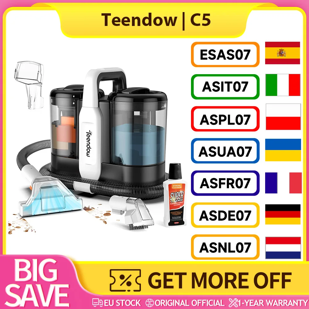 Teendow C5 Teppichreiniger-Staubsauger, 11 kPa starke Saugkraft, ≤ 80 dB geräuscharm, 1500 ml großer Wassertank, 800 ml Abwassertank, vielseitige Bürstenoptionen, 500 W, langlebiges und leicht zu reinigen, tragbares Design, große Effizienzfähigkeit Image