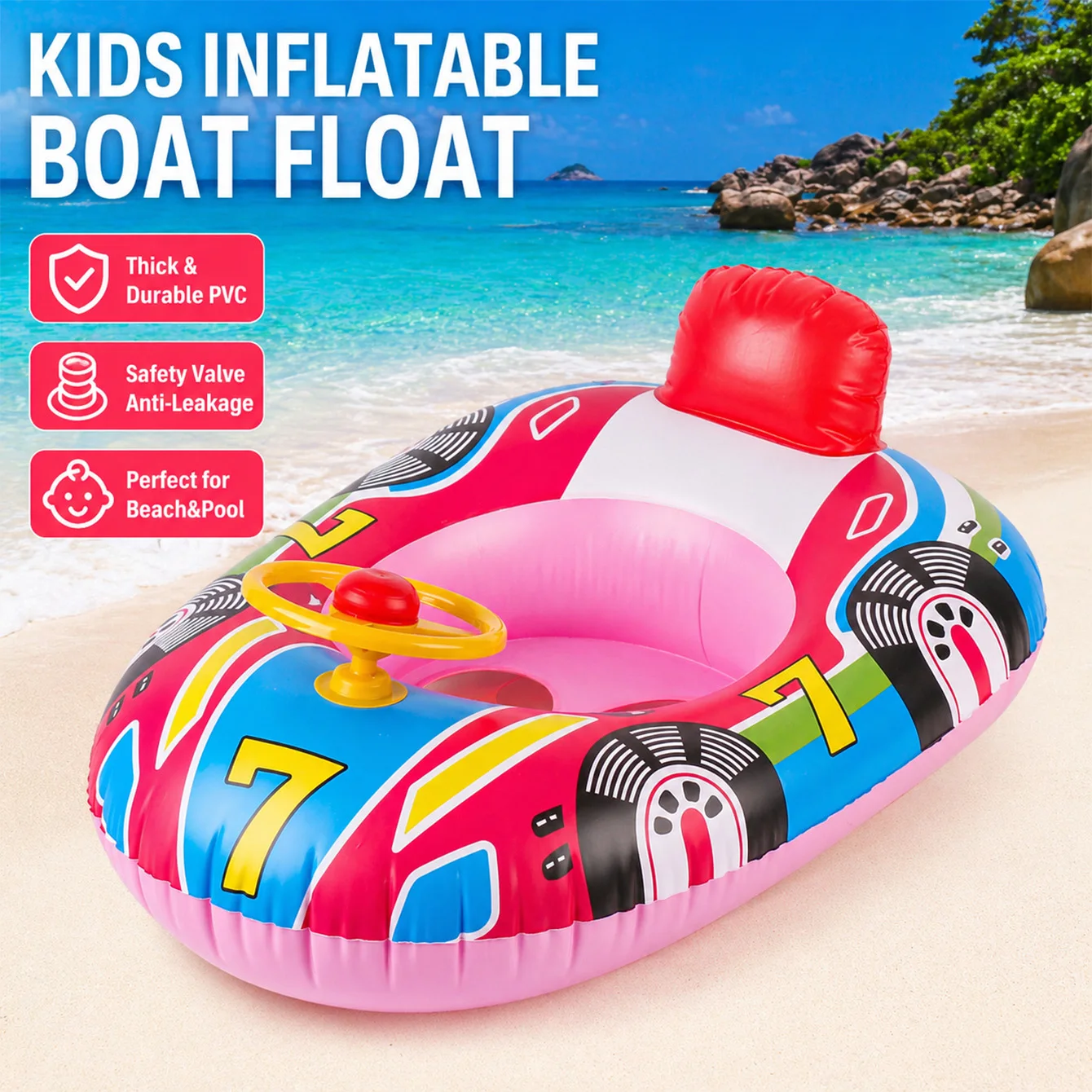 1 Stück Aufblasbarer Auto-Pool-Schwimmsessel mit Lenkrad, PVC-Wassersitzboot für Strand, Pool, See, Sommer-Wasserspaß Image