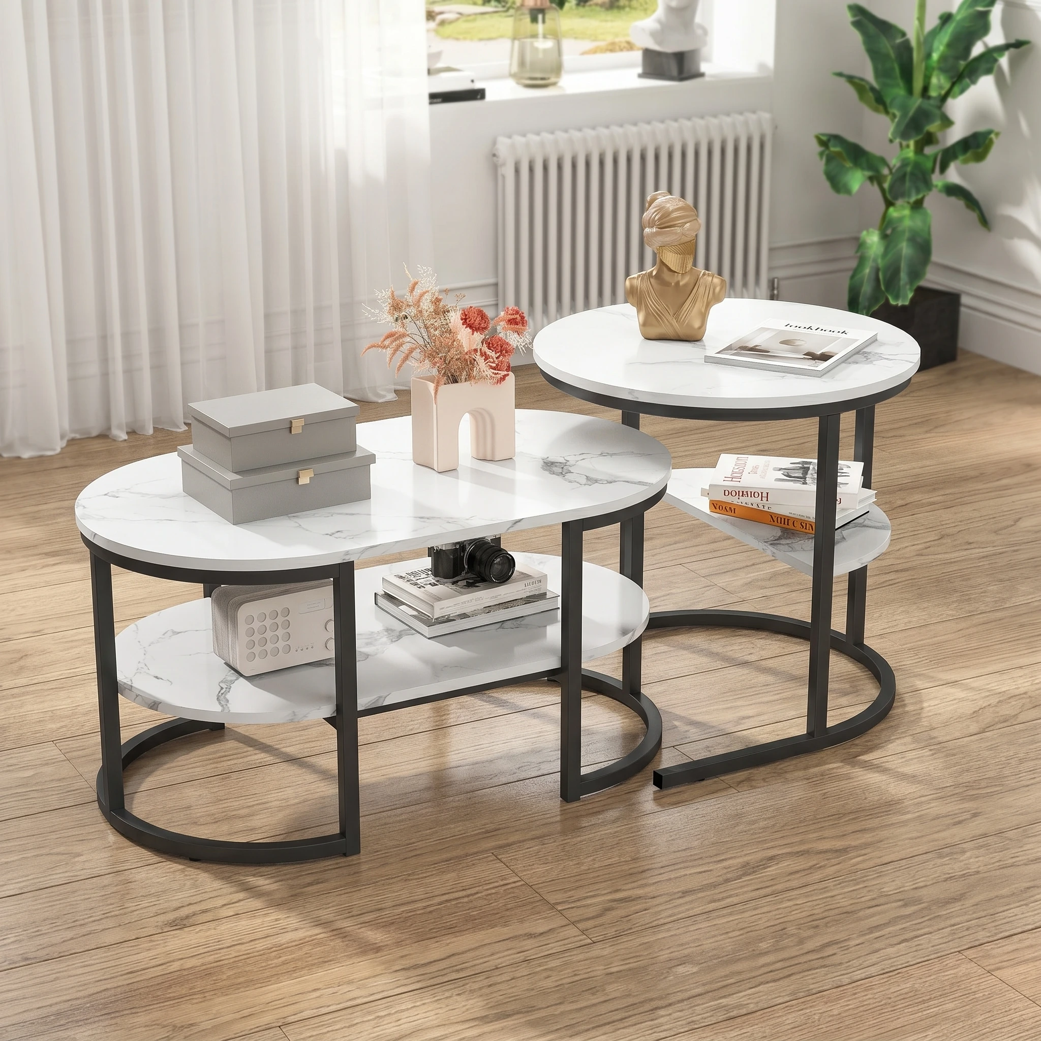 Superaly Couchtisch-Set mit 2 Tischen, 2-in-1-Tisch mit Stauraum, Moderner Sofatisch Couchtisch Rund und Oval in Marmor-Optik Image
