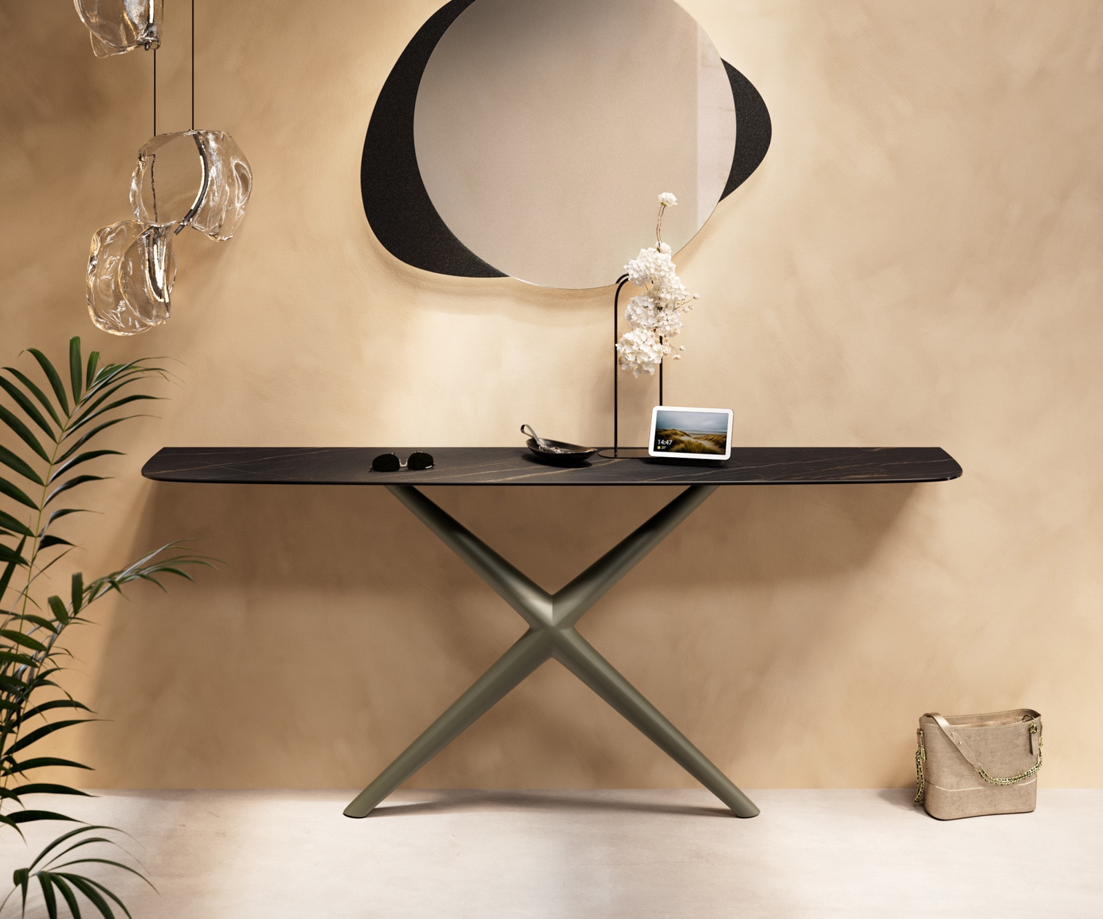 DELIFE Konsolentisch Edge Boot 180x40 cm Keramik Laminam® Noir Desir Braun Estelo Metall Effektfinish Titan, Konsolentische