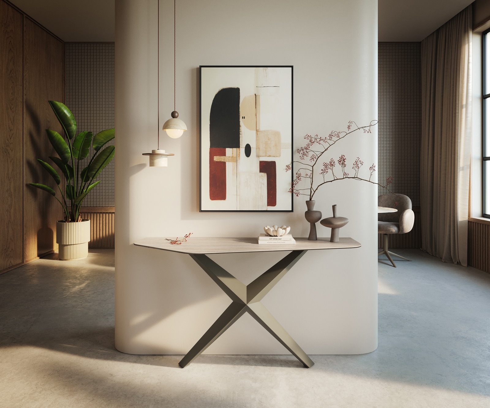 DELIFE Konsolentisch Edge Polygonal 140x50 cm Keramik Laminam® Travertino Bianco Creme-Weiß Zentharo Metall Effektfinish Titan, Konsolentische