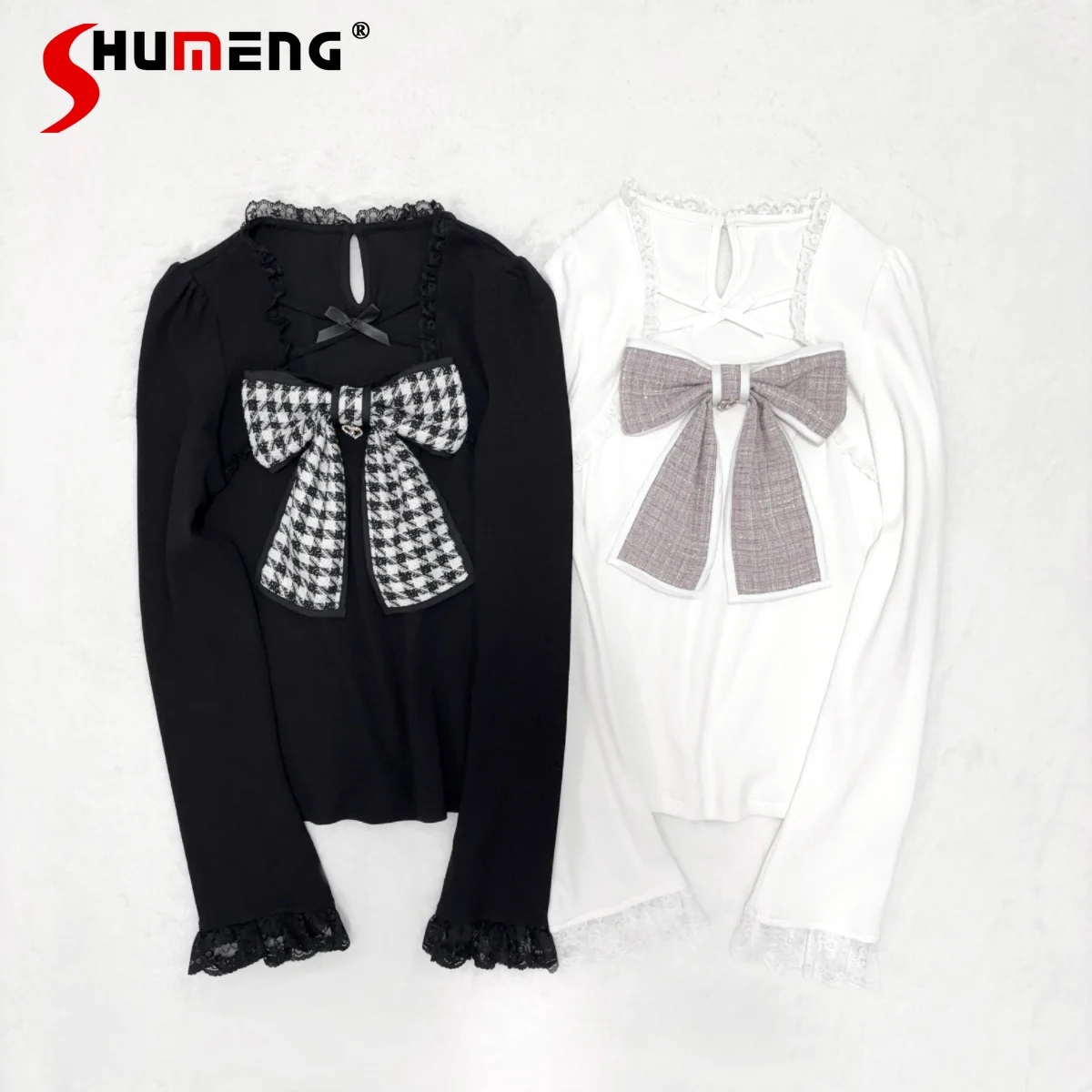 Japanisches Mine Sweet Lolita Strick-Langarm-Top für Frühling und Herbst, süße große Schleife, schmale Passform, elegante Strickpullover-T-Shirts für Mädchen
