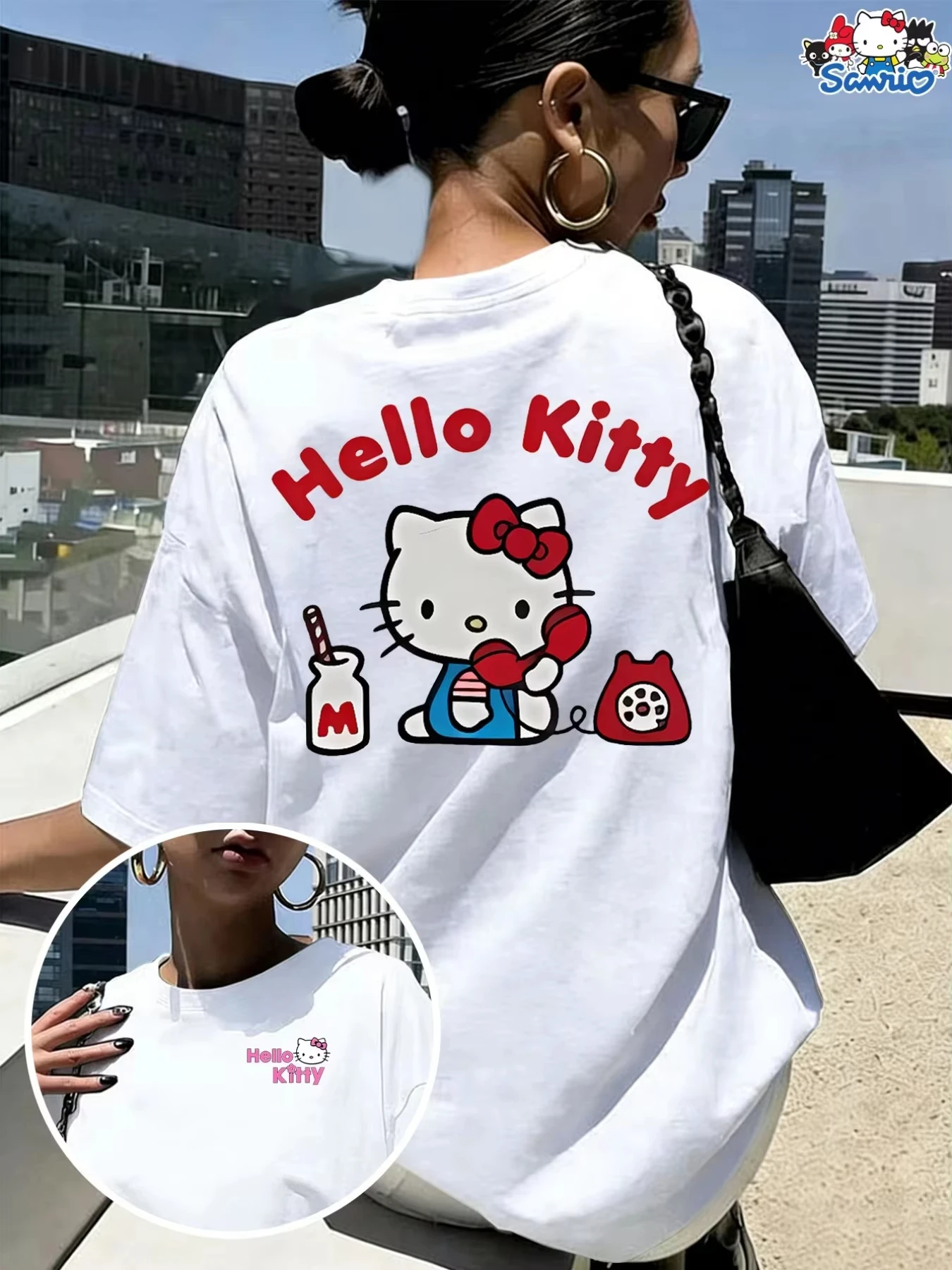Sanrio Hello Kitty T-Shirt mit doppelseitigem Aufdruck für Damen, Y2K, Kawaii, lässig, locker, übergroß, kurzärmelig, Sommer, niedliches Grafik-T-Shirt Image