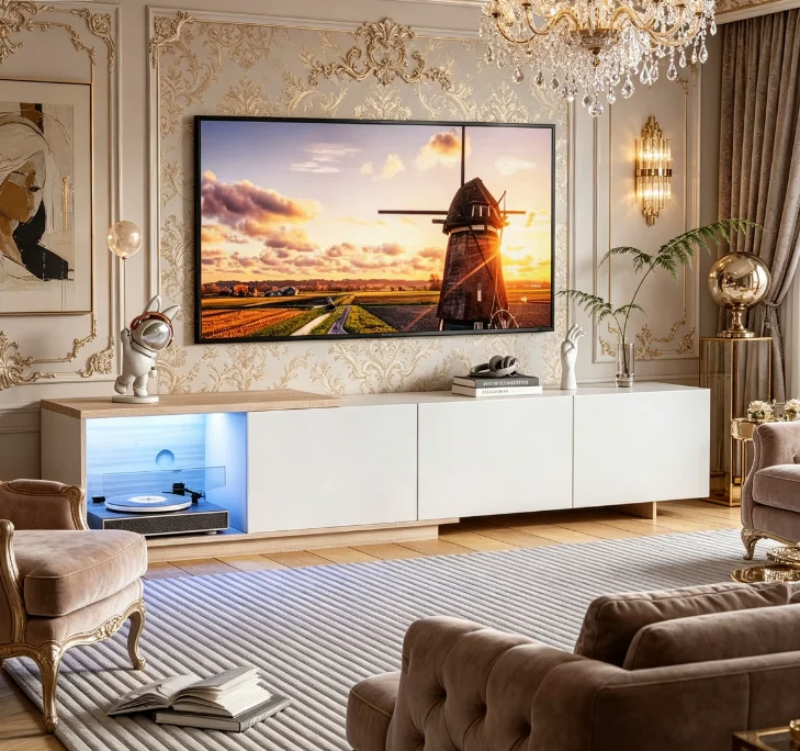 Rosahqnda Verstellbarer TV-Schrank mit intelligenter Induktions-LED-Beleuchtung, 3 Schubladen und einem offenen Fach, für 65 Zoll Fernseher