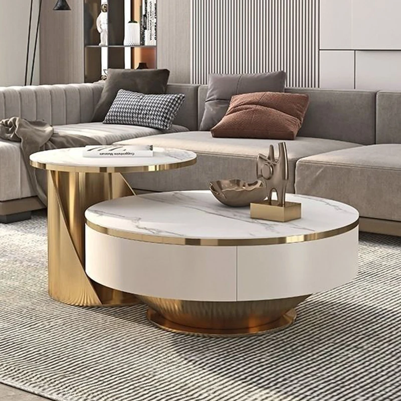 Modernes Design Weißer Runder Marmor-Couchtisch-Set Holzmöbel Gold Metall Luxus-Beistelltisch für Wohnzimmer