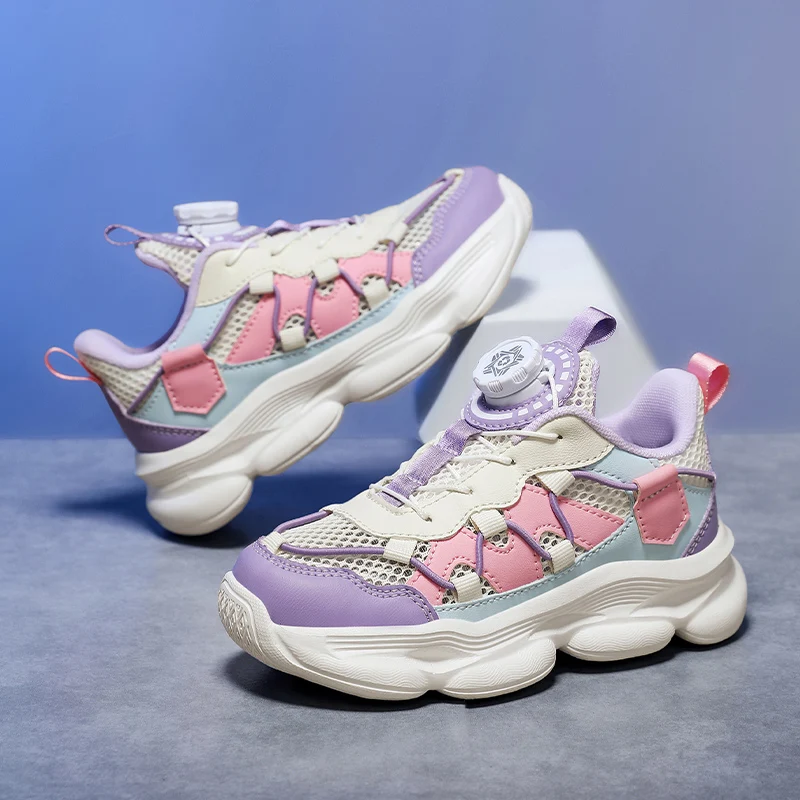 Sommer-Mesh-Kindersportschuhe mit Drehverschluss für Mädchen, leichte, atmungsaktive Plateau-Laufschuhe, Designer-Kinderschuhe
