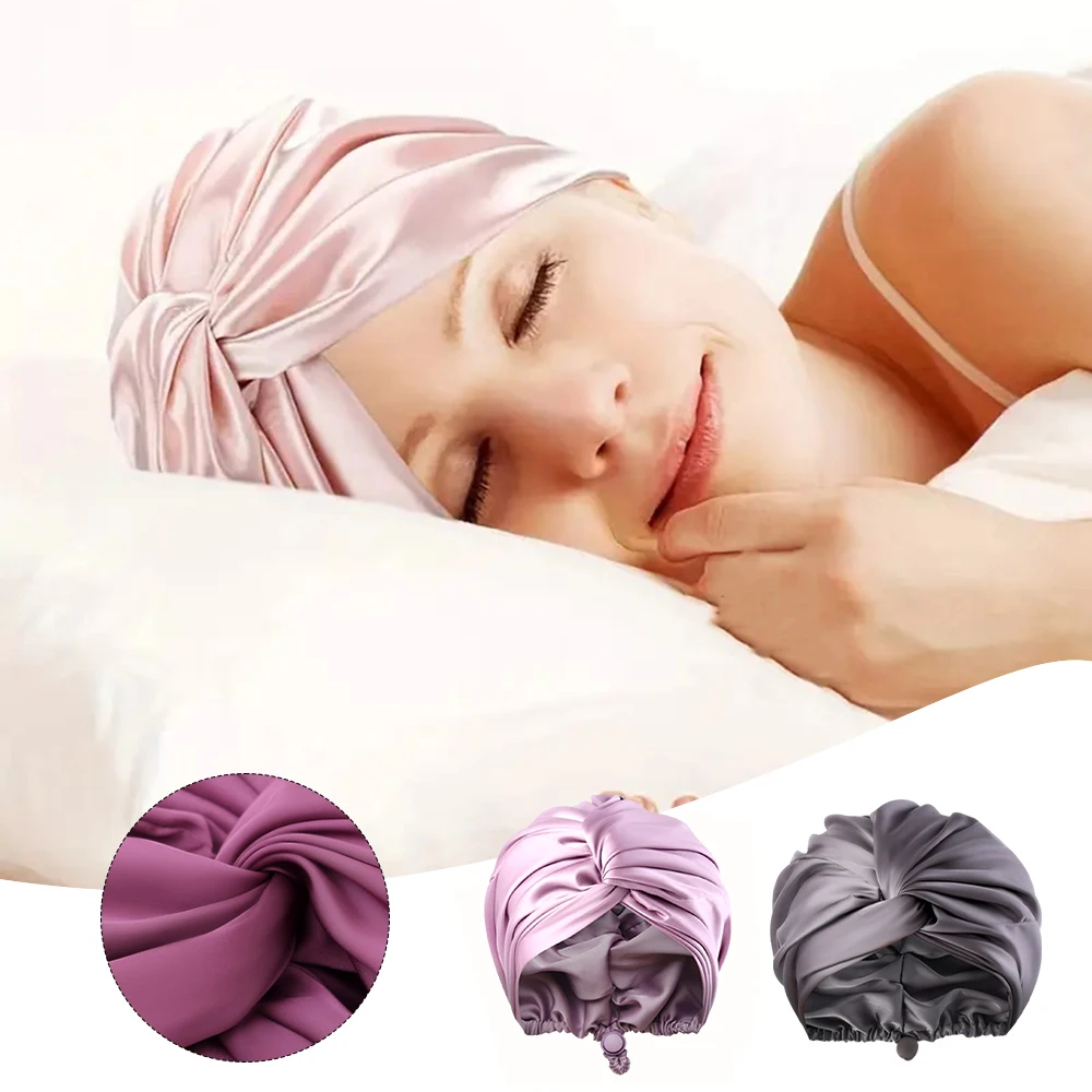 Damen-Satin-Schlafmütze, Nachtschlafmütze für Damen, Duschhauben, wasserdicht, solide Schlafmütze, verstellbare Kappe Image