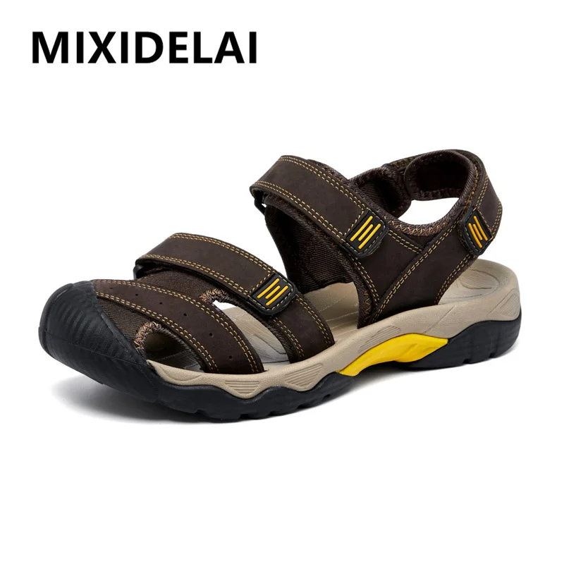 Sommer Echtes Leder Herren Sandalen Klassische Atmungsaktive Slip-On Sandalen Männer Outdoor Casual Strand Sandalen Turnschuhe Plus Größe 48
