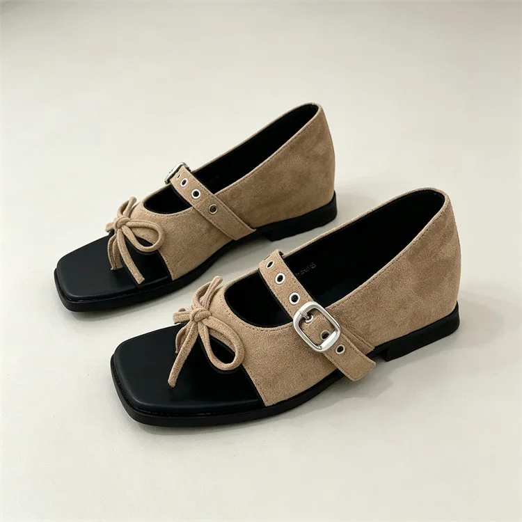 Damen Sandalen im französischen Retro-Stil mit Schleife, Zehentrenner mit quadratischer Spitze und Schnalle, Elegante Sommerschuhe mit niedrigem Absatz für Strand, Mary Jane Freizeitschuhe