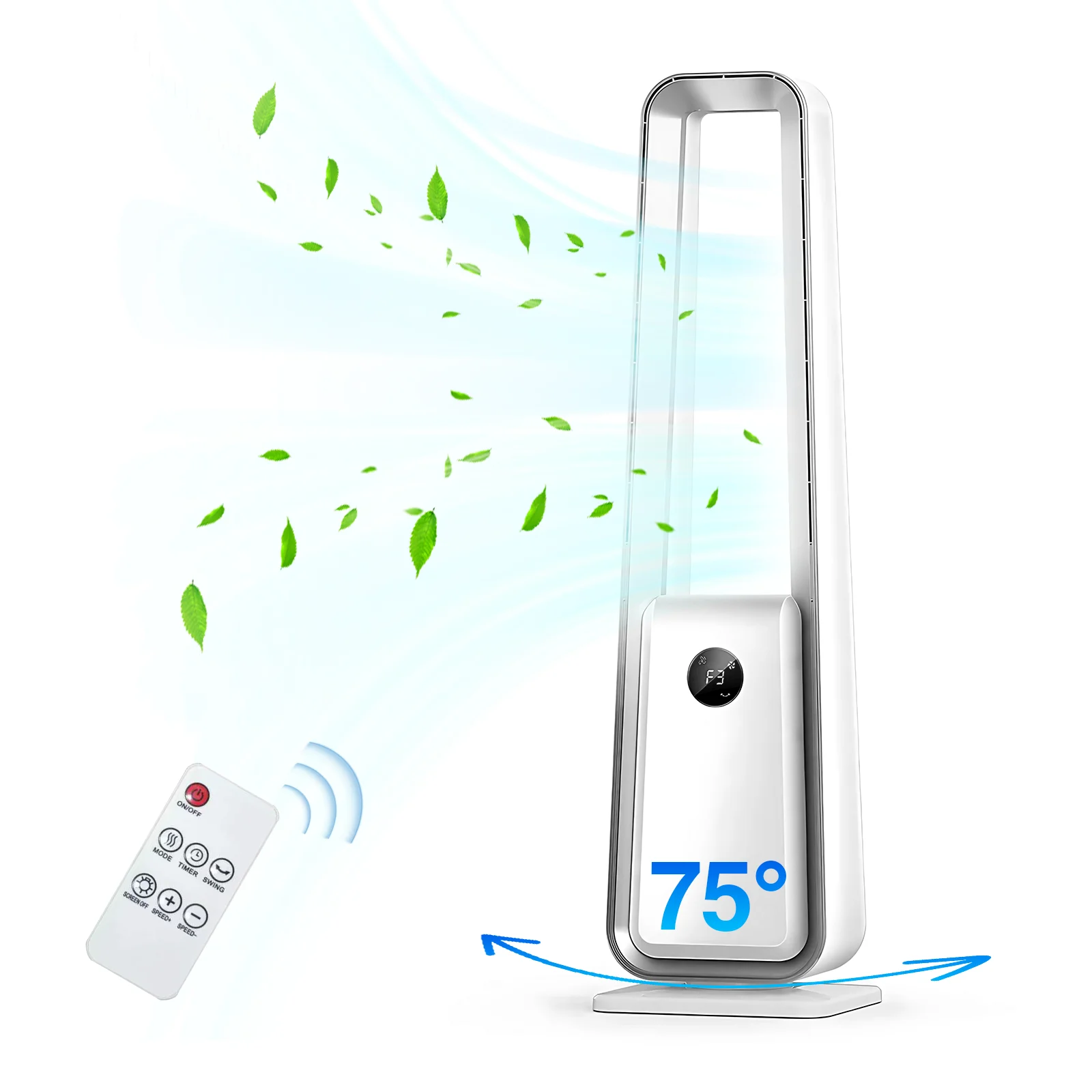 Ventilator ohne Flügel, 3 Geschwindigkeitsstufen, leise und energiesparend, 75 ° Oszillation, 12-Stunden-Timer, Fernbedienung und Touch-Steuerung, Weiß Image