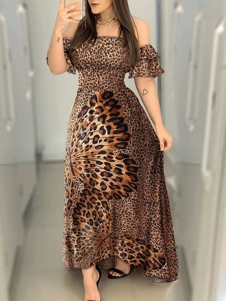 Boho Leopard Langes Kleid Frauen Sexy Off Schulter Slash Neck Rüsche Hülse Sommer Kleid Dame Braun Elegante Dünne Maxi Party Kleider
