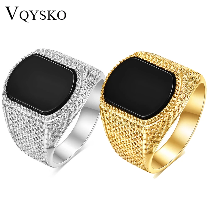VQYSKO Neue Mode Gold Farbe Chunky Punk Edelstahl Finger Ring für Männer Frauen Punk Vintage Oval Schwarz Stein Ring