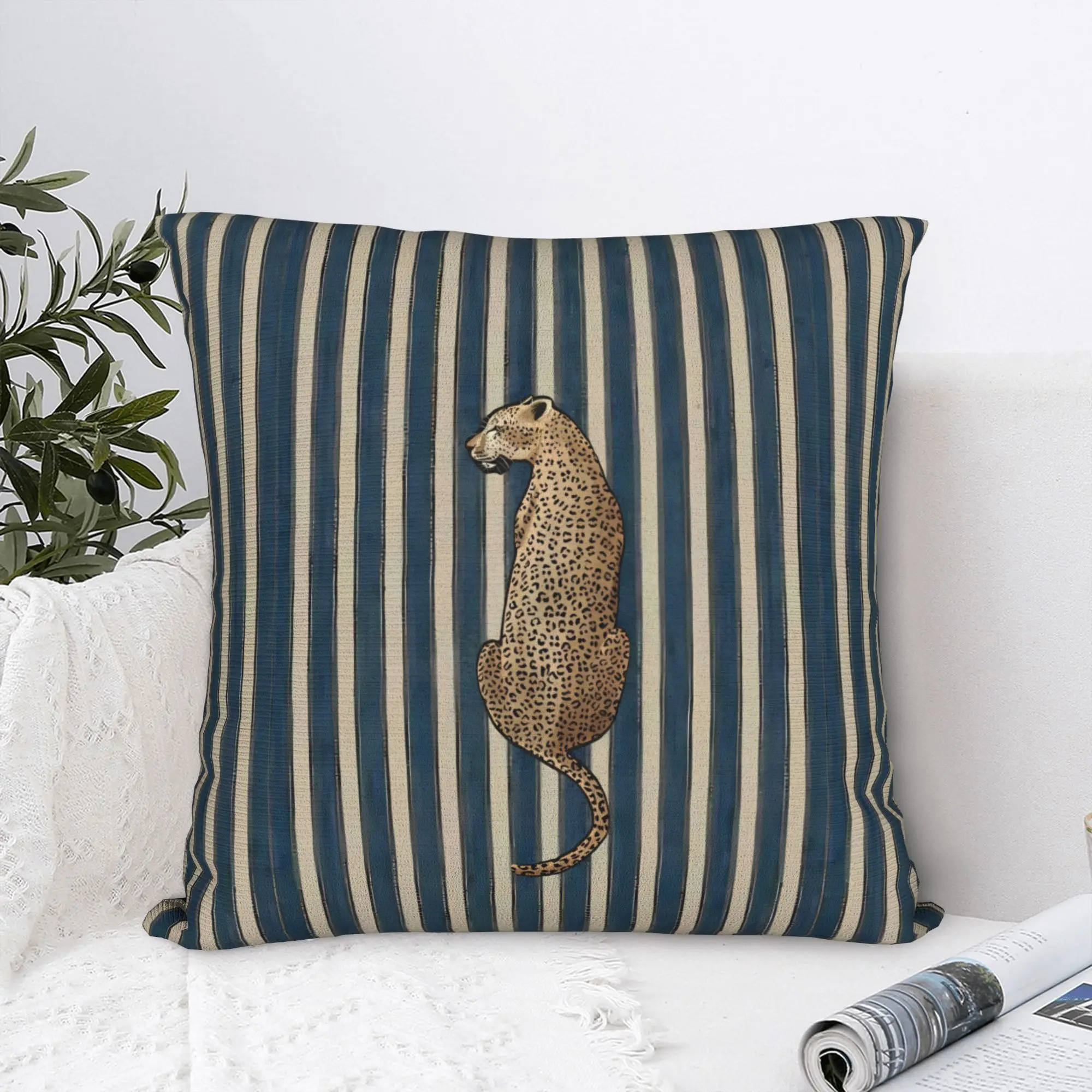 1 Stück Bohemian Blue Striped Leopard Print Kissenbezug, weicher, doppelseitiger Kissenbezug aus Polyester für Zuhause, Wohnzimmer und Autoinnenraum Image
