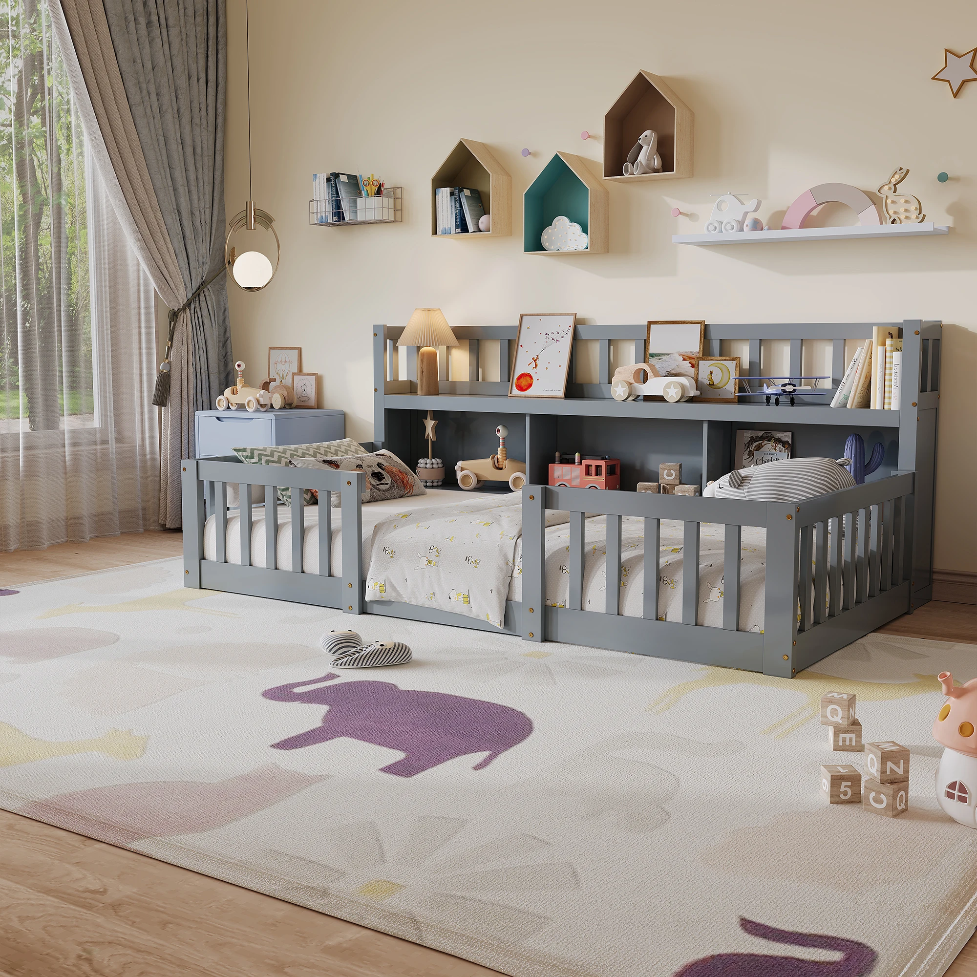 Anajqaqia 90x200/140x200cm Kinderbett, Bodenbett, Tagesbett, Schlafsofa mit Stauraum, Montessori-Bett, Doppelbett, Holzbettgestell, Jugendbett mit Rausfallschutz und Lattenrost, ohne Matratze, Grau
